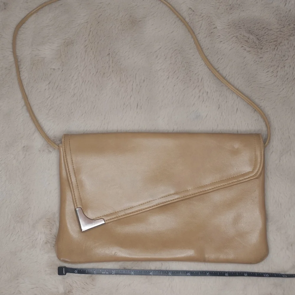 Vintage 80's Asymetric Tan Shoulder Bag With Iconic Built In Lipstick Mirror